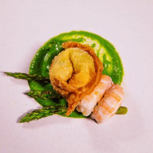 Langoustine with aromatic purée and a fried wonton