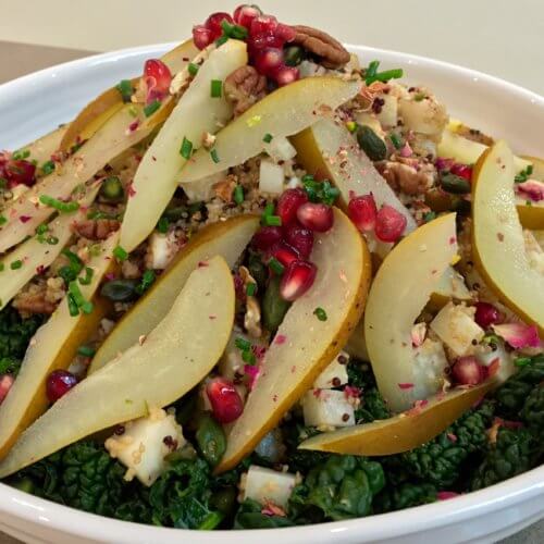 Cavolo Nero, celeriac, quinoa and poached pears