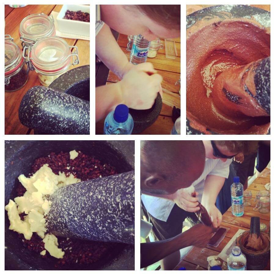 Chocolate process by hand: Cacao nibs in a warmed mortar, conching, adding the cocoa butter and pouring th finished product into chocolate moulds (Photos taken during a chocolate making class on St. Lucia at Rabot Estate - Hotel Chocolat)