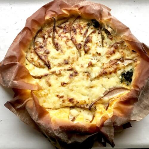 Leek, kale, pear and cheese tart