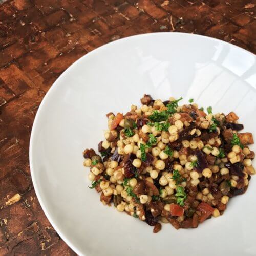 Aubergine and honey fregola