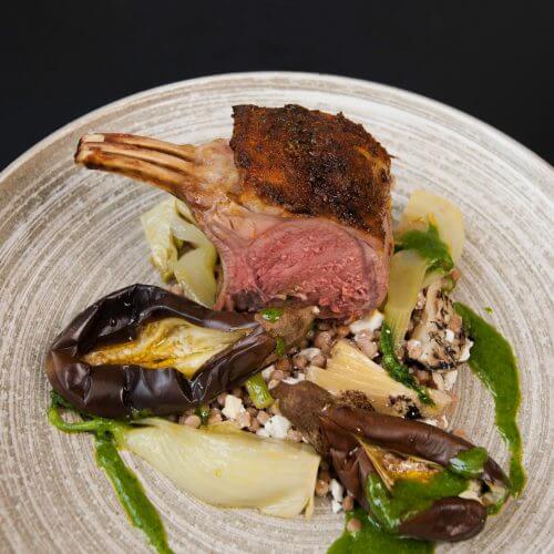 Chermoula lamb with spelt salad, aubergine and fennel