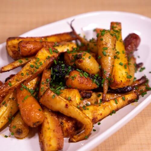 Garlic, honey and mustard parsnips and carrots