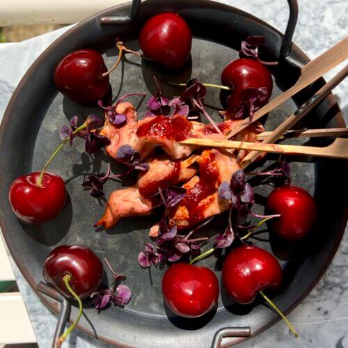 Kefir and cherry chicken skewers